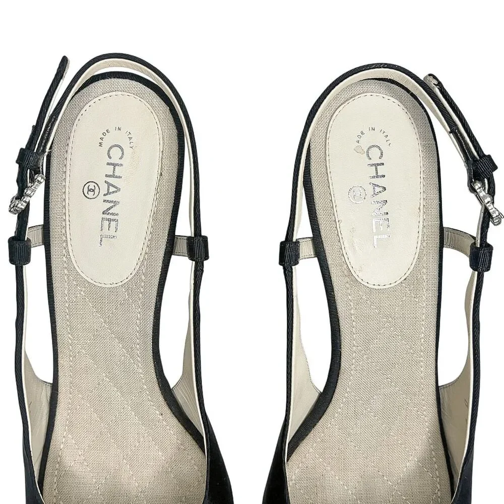 Chanel Slingback Sandal Grosgrain Crystal CC Logo Bow Heels EU 38 Black Peep Toe - Picture 10 of 12